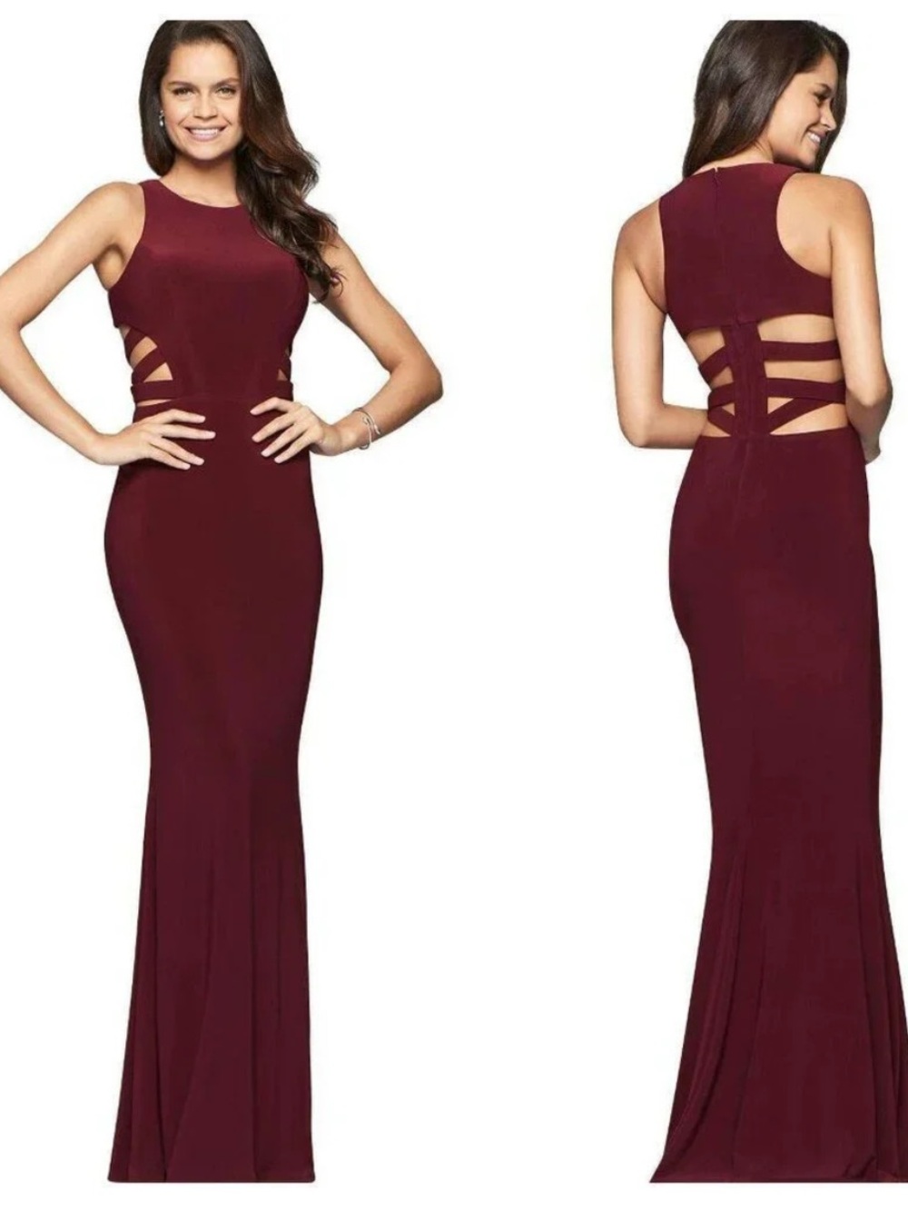 Faviana Maroon Wine Gown with Cutout Back and Slit.